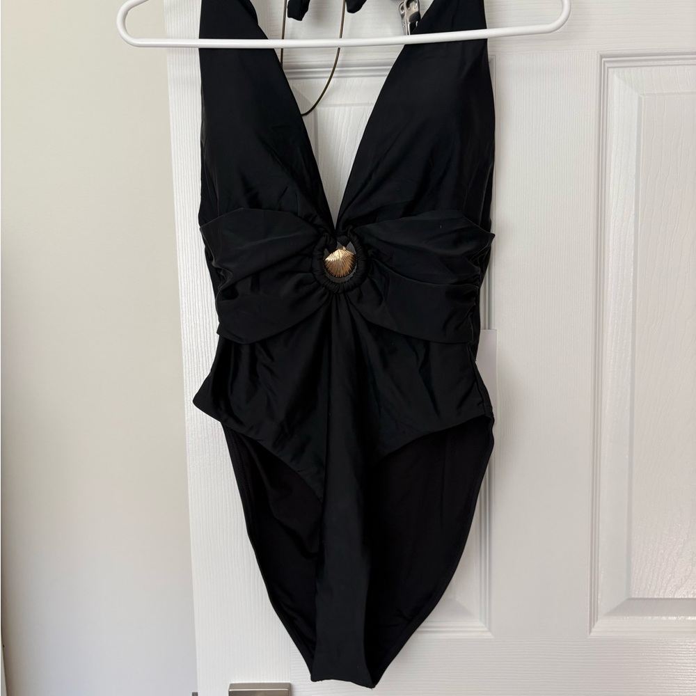 NWT Torn by Ronny Kobo Black One-Piece Swimsuit with Gold Ring Detail.